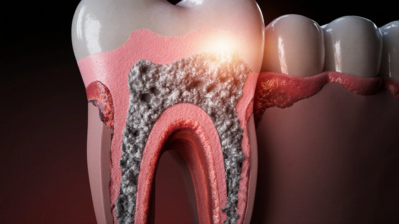 Průřez zubu s kamenem a infekcí pod dásní, s viditelným poškozením kosti.