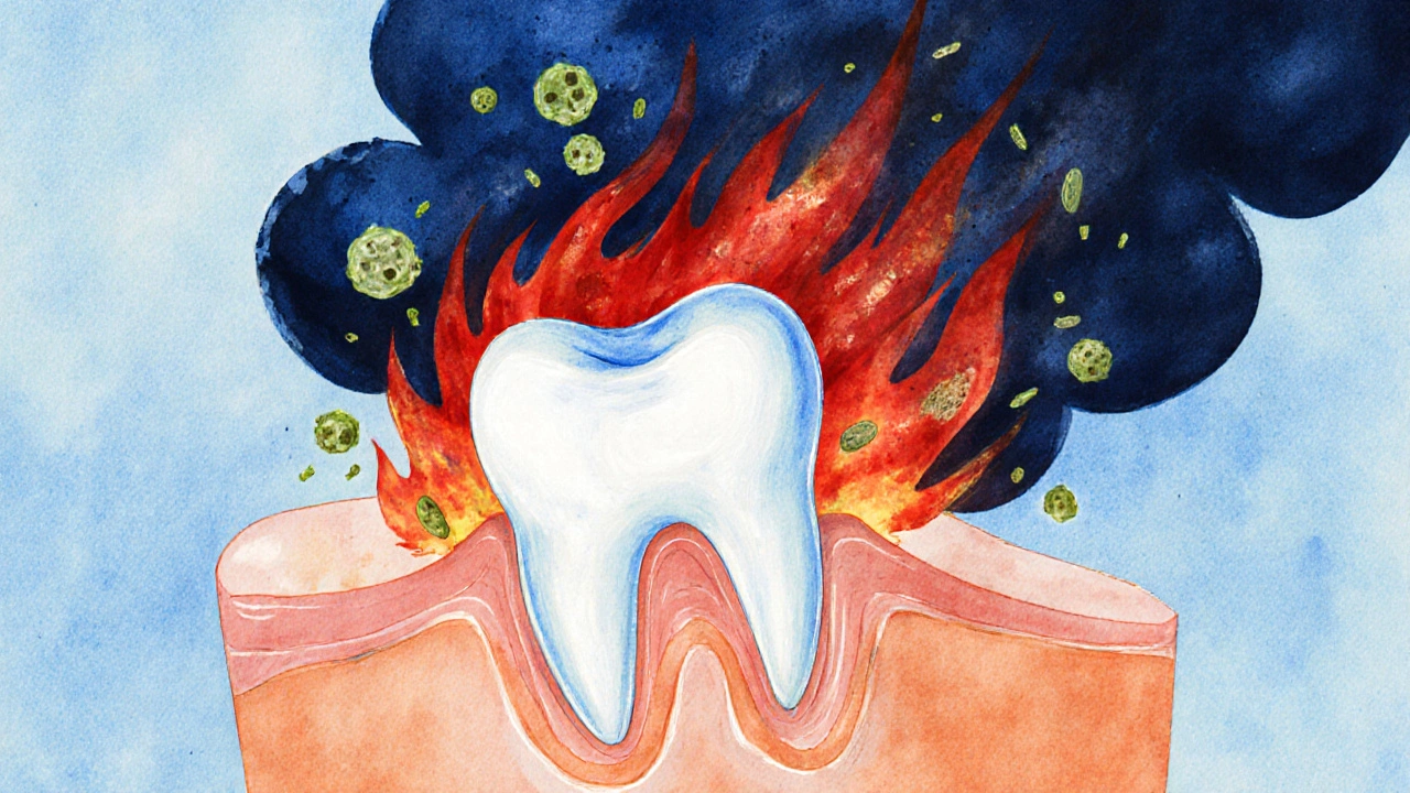 Symbolická scéna zubu moudrosti, který se snaží prorůst skrz uzavřenou dásň, s infekcí jako ohněm.