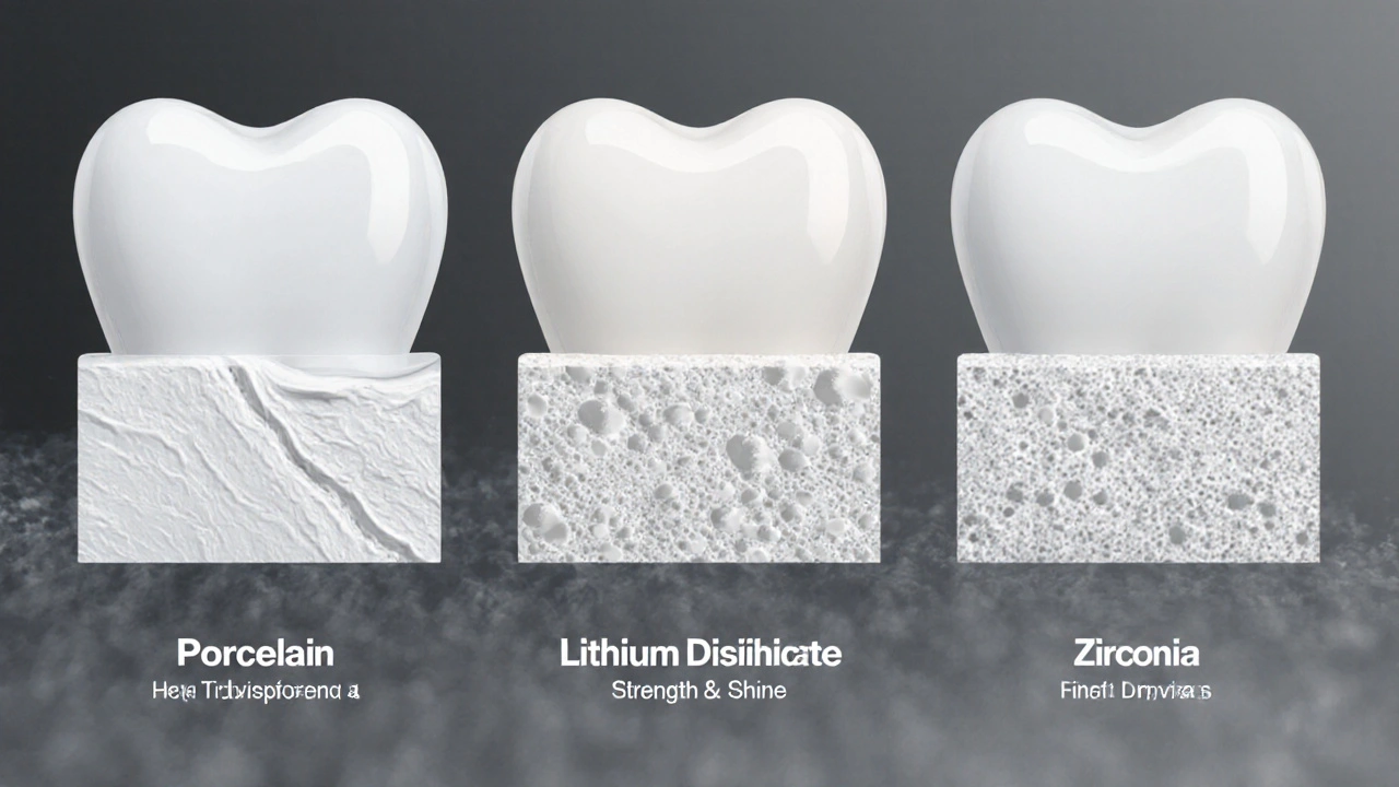Three types of ceramic veneers displayed with different translucency and texture details.