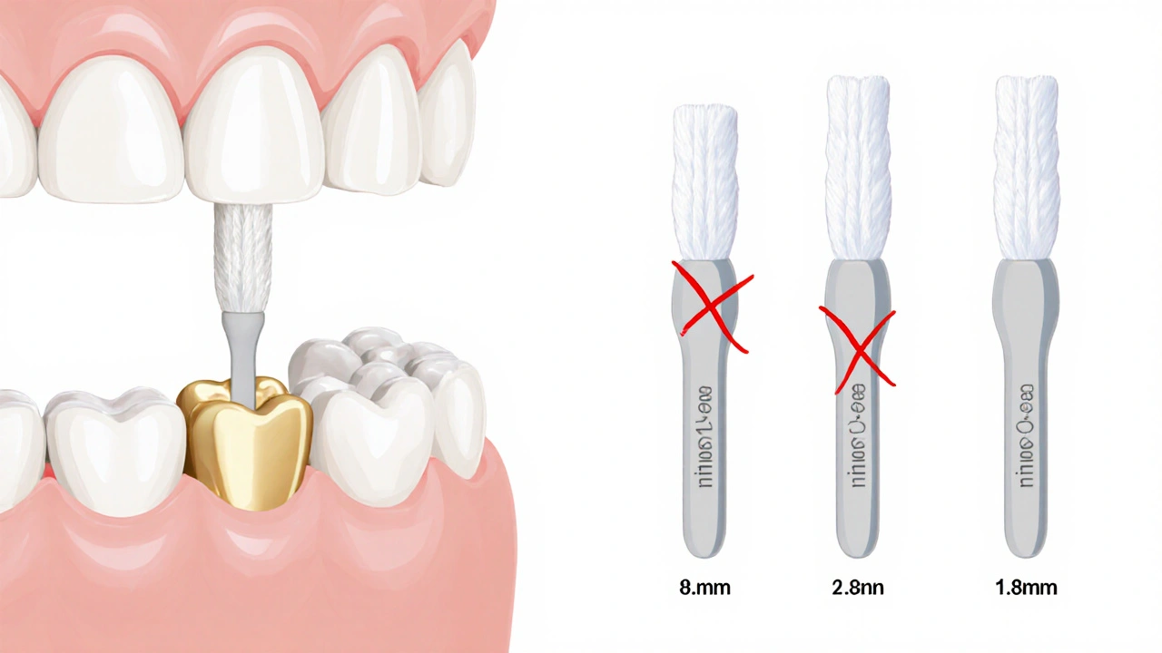 Tři velikosti mezizubních kartáčků vedle ortodontických držáků s označením správného fitu.