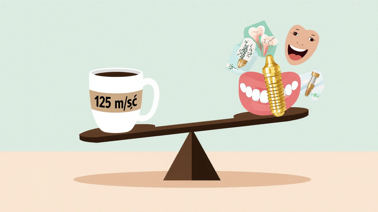 Váha s kávou a implantátem: cena denní hygieny vs. náklady na výměnu zubu.