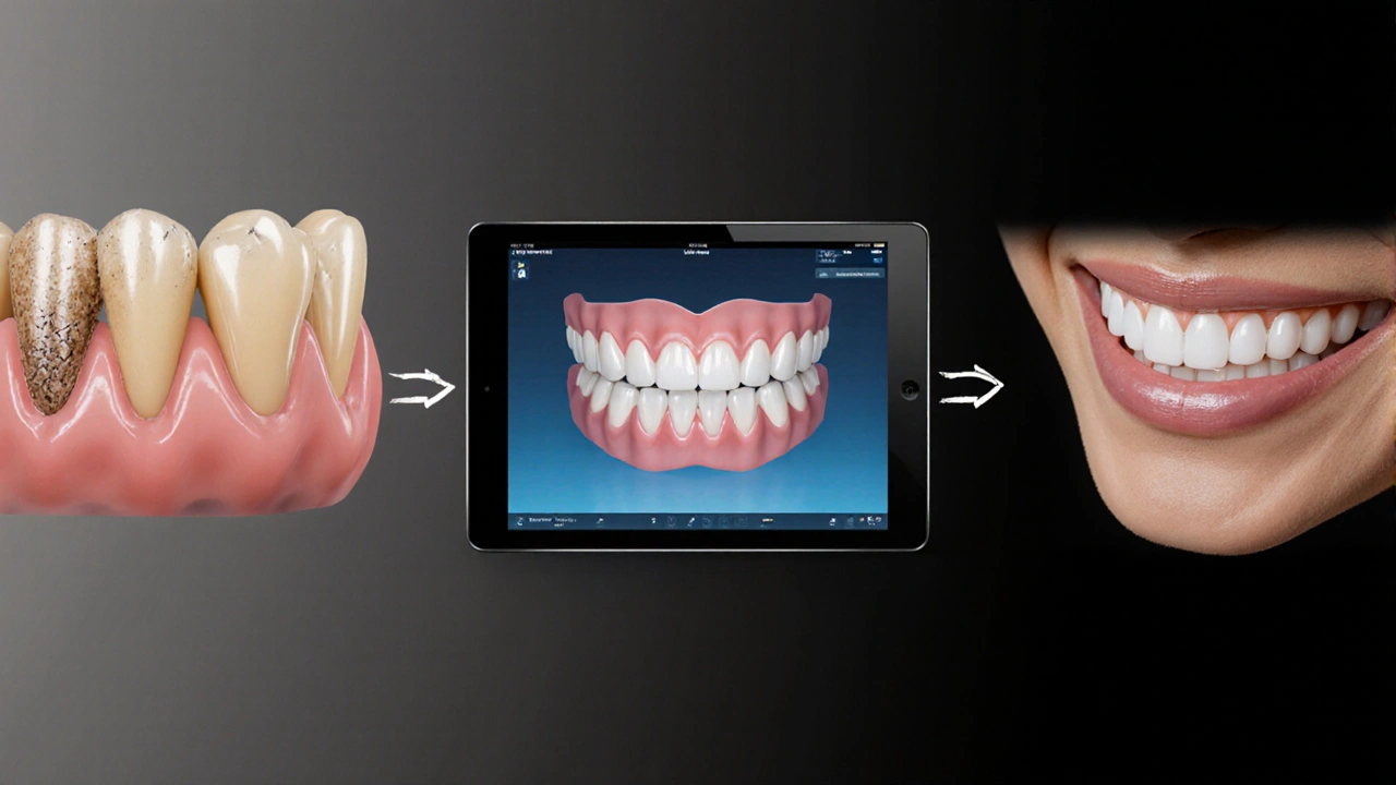 Visual timeline showing dental imperfection, digital design, and perfect smile outcome.