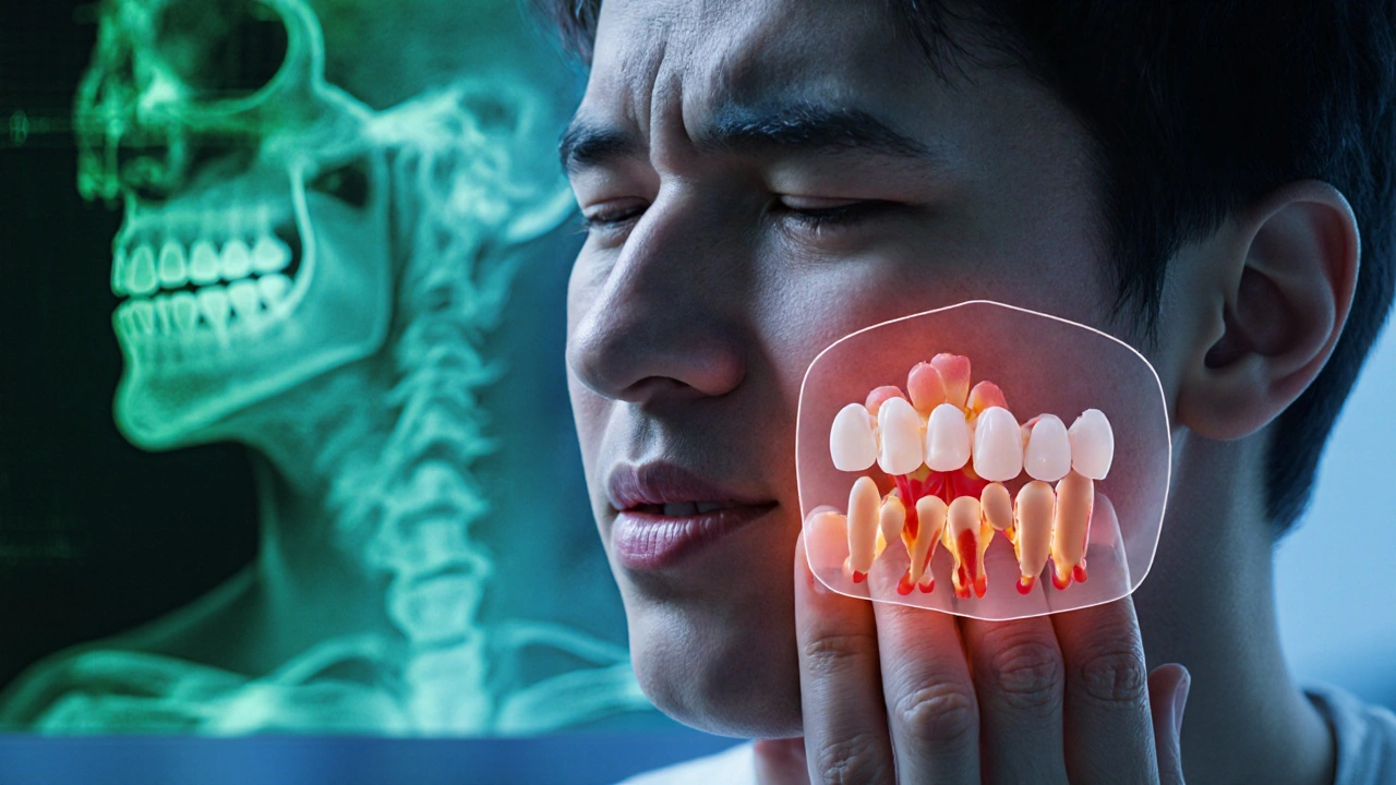 Young adult s bolestí v obličeji s přehledem vnitřního zánětu zubu moudrosti a rentgenovým snímkem.