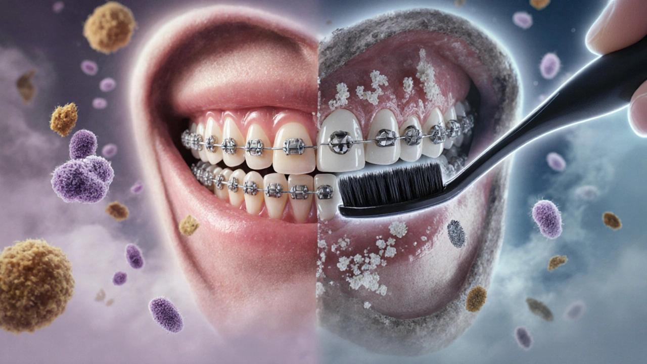 Zdravé a poškozené zuby s držáky – čištění proti kariés a zánětu dásní.