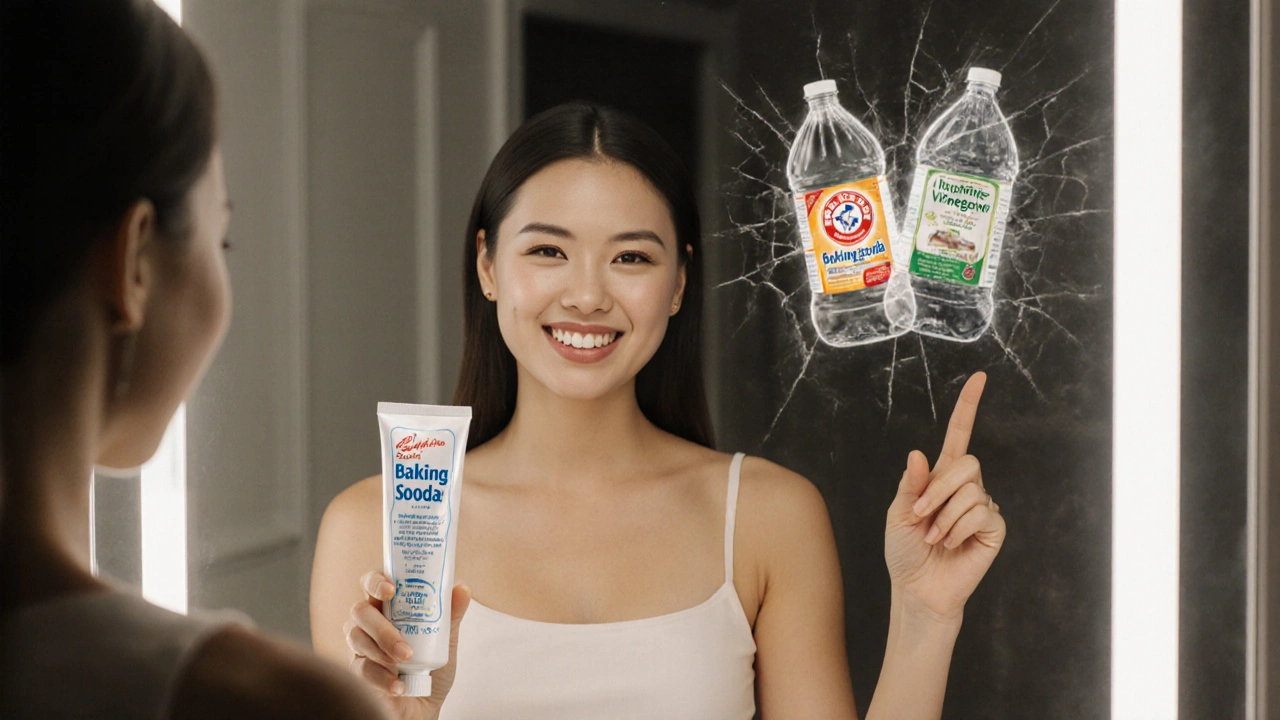 Žena před zrcadlem odmítá nebezpečné metody, drží bezpečnou pastu, za ní jsou stíny sódovky a octu.