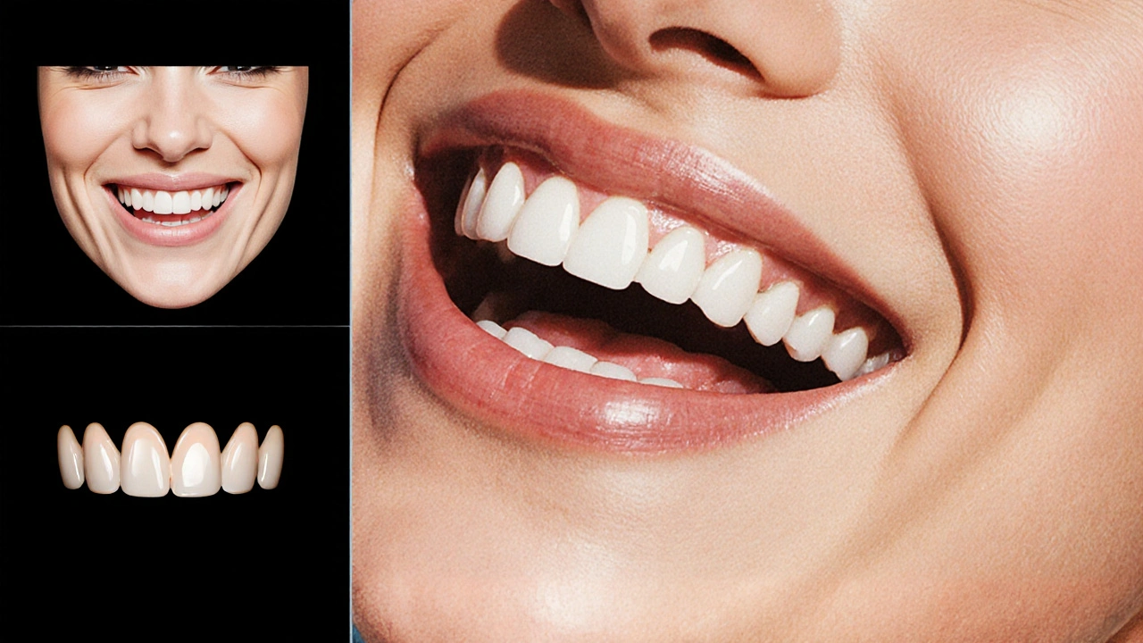 Žena se směje, její zuby s keramickými fazetami vypadají přirozeně při pohybu úst.