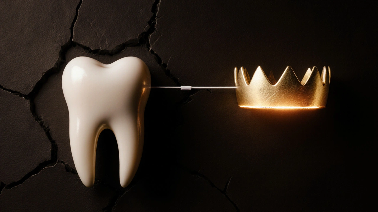 Zub bez korunky je v temnotě, zatímco korunka v záři chrání zub.