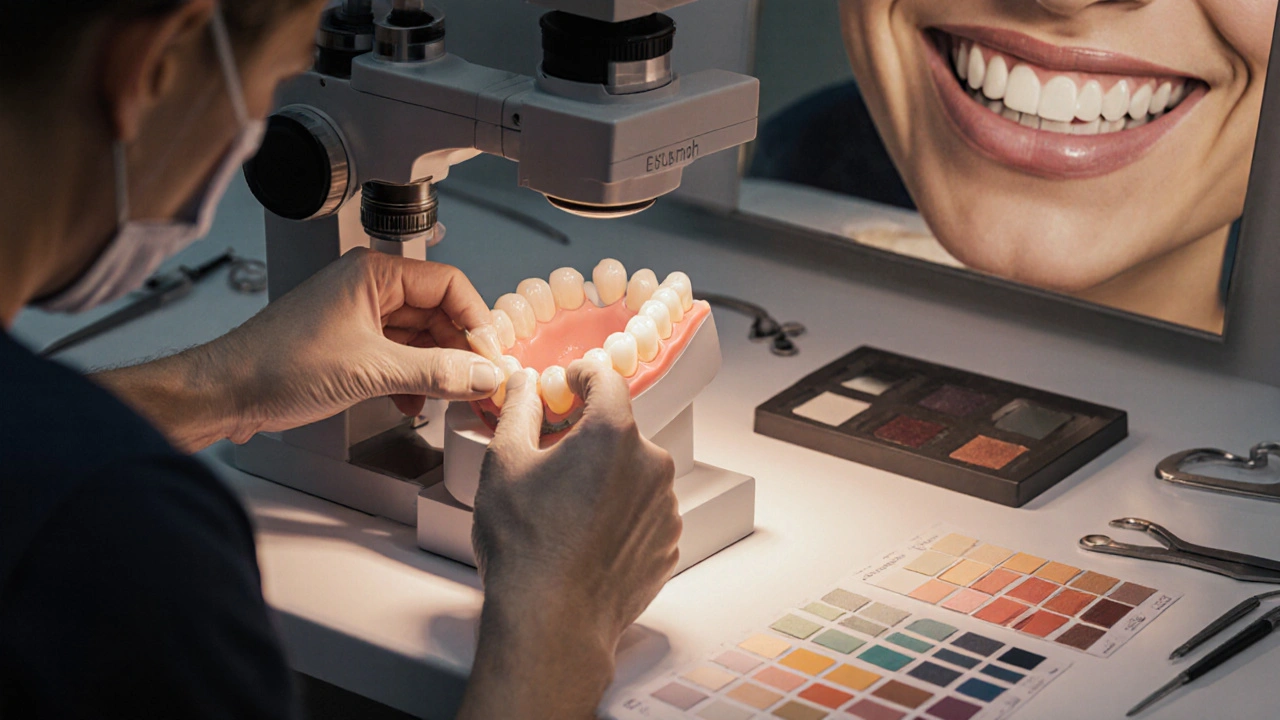 Zubařský technik pracuje na přizpůsobené keramické fazetě s výběrem odstínů.