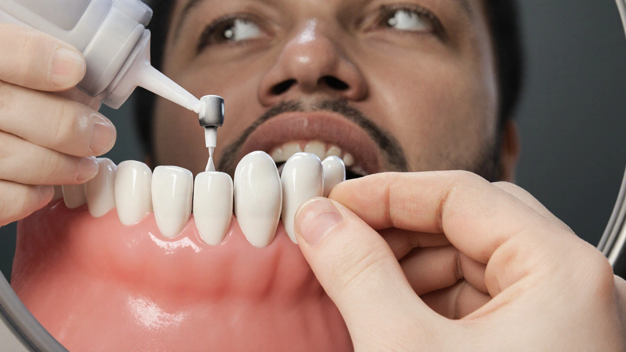 Zubní korunka je jemně přilepena zpět na zub pomocí zubního cementu.