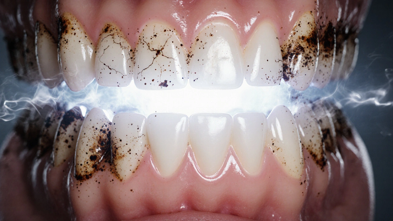 Zuby jako krajina s bílým leskem a odrazem tmavých barviv, které se odrazují.