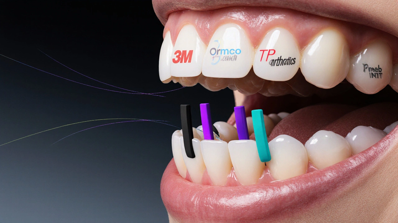 Zuby s viditelnými silovými čárami a barevnými gumičkami, symbolizujícími přesné ortodontické pohyby.