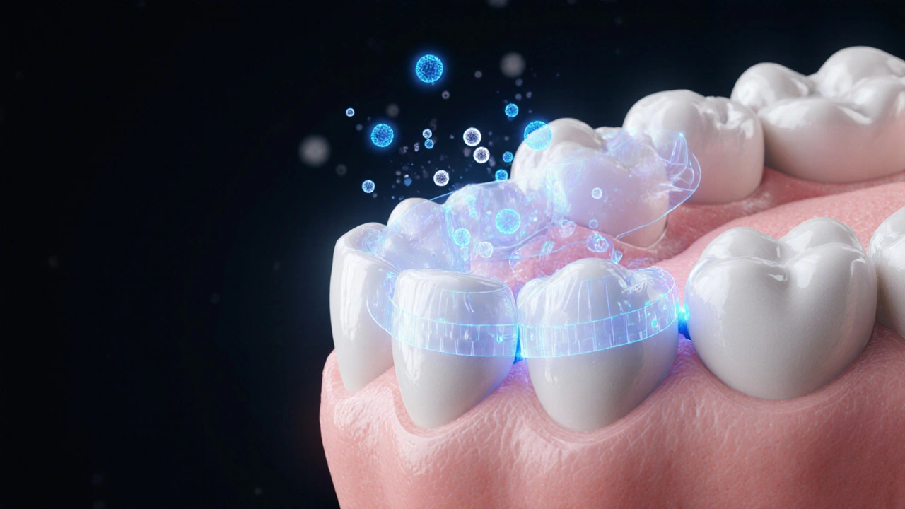 Zvětšený pohled na sklovinku zubu s bělícími molekulami a ochrannými bariérami.