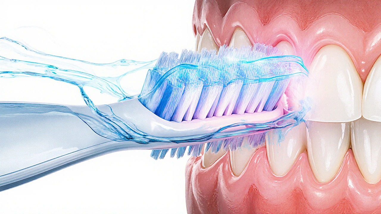 Zvětšený pohled na sonický kartáček s mikroproudy čistícího média mezi závěsy a dásněmi.