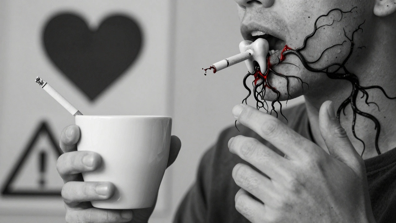 Černý kámen se šíří z úst k srdci, symbolizující riziko pro zdraví.