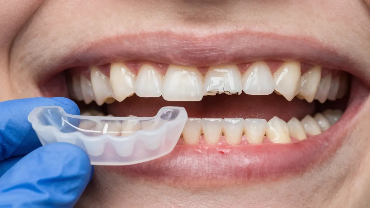 Dentista drží dvě formy na bělení: individuální a obecnou, s rozdílnými výsledky na pozadí.