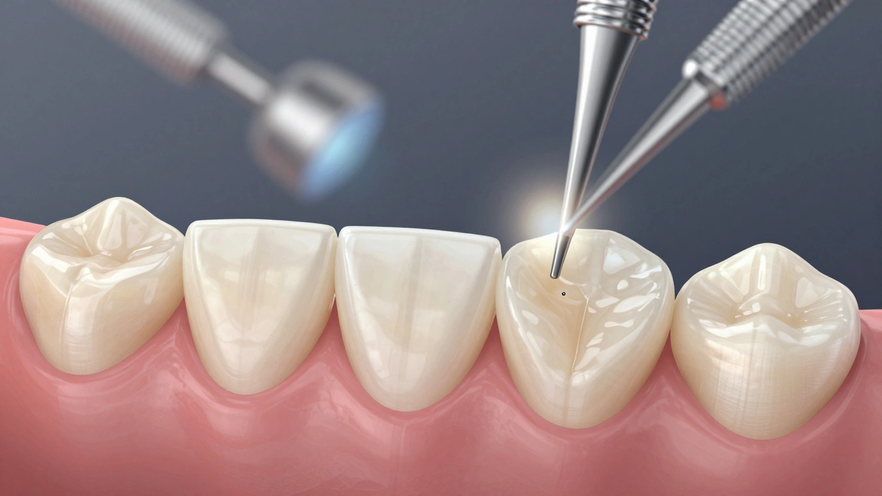 Detailní zobrazení keramických veneerů přilepených na zuby s jemným světelným efektem.