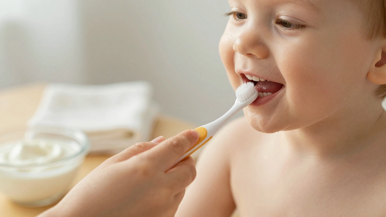 Dítě bez zubů se dotýká jemného zubního kartáčku, kterým rodič čistí dásně, v pozadí jogurt a hadřík.