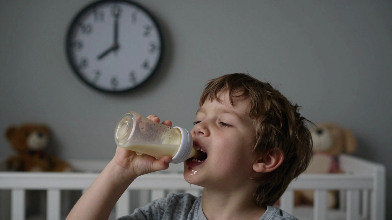 Dítě s láhví a poškozenými předními zuby, temný pozadí s hodinami.