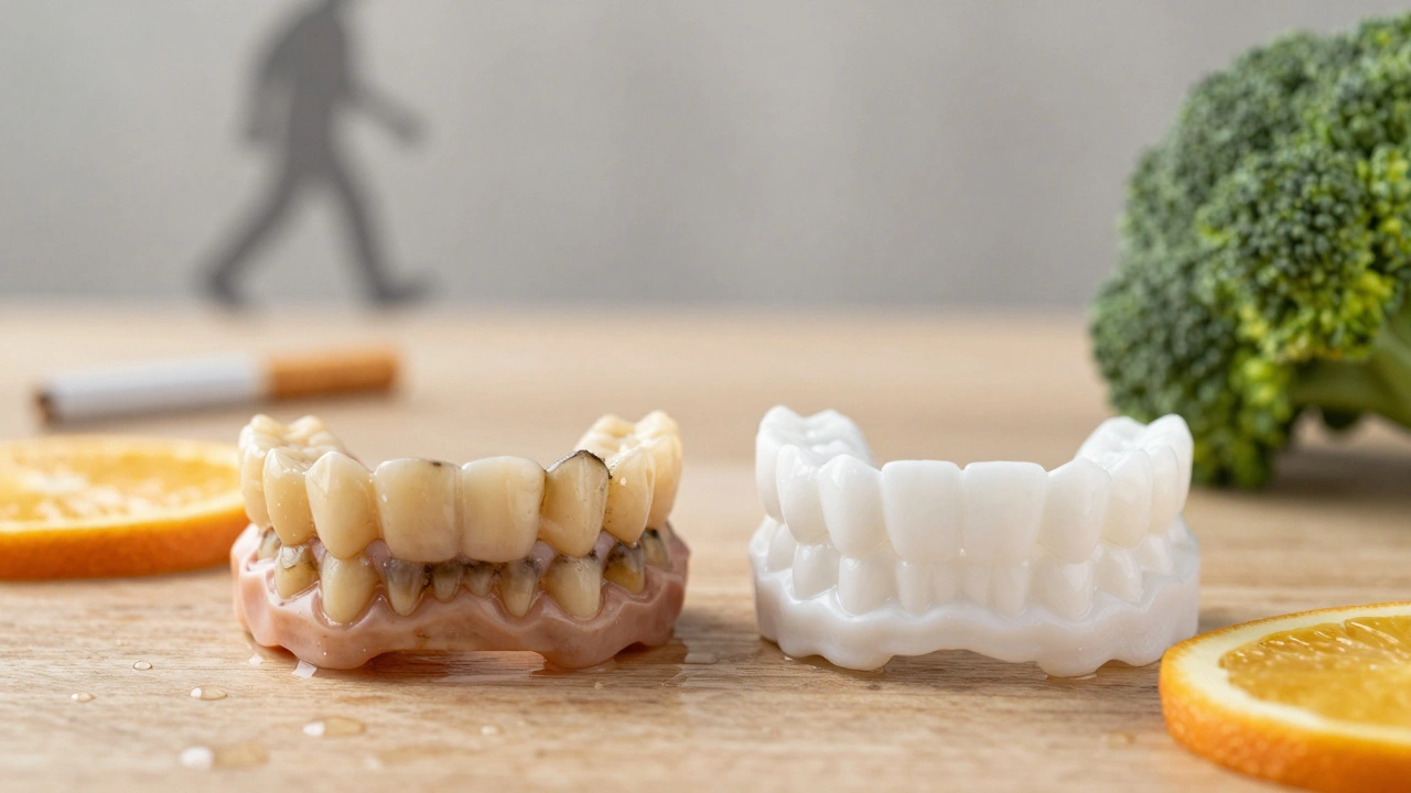 Dva soubory zubů: znečištěné vs. čisté, s doprovodnými potravinami pro detoxikaci.