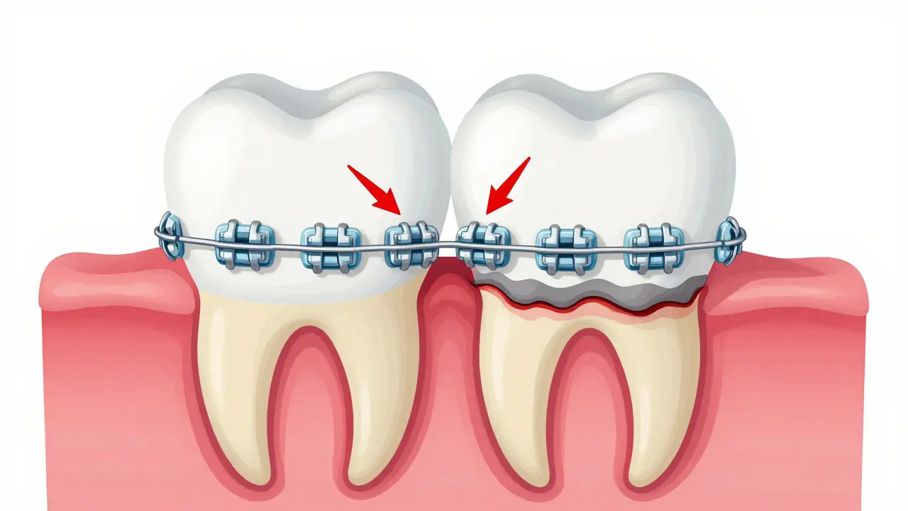 Klinický náčrt zubu s rovnátky ukazující korozi pod drátky a v okolí zámků.