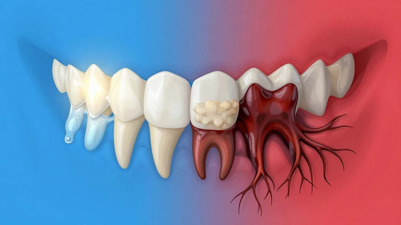 Koncepční znázornění rozšíření kazu od molárů do čelisti s porovnáním zdravých a postižených zubů.
