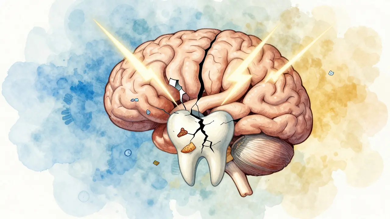 Kreslený mozek propojený s prasklým zubem, kde prasklina ovlivňuje mozkové cesty.