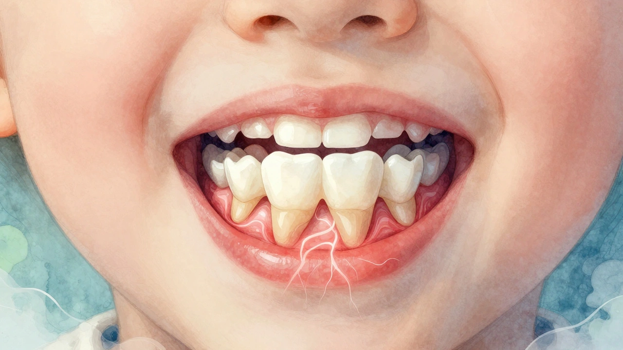 Křížový řez dásně s vyrůstajícími moláry, symbolicky znázorněnými jako tlačící síly a uklidňující barvy.