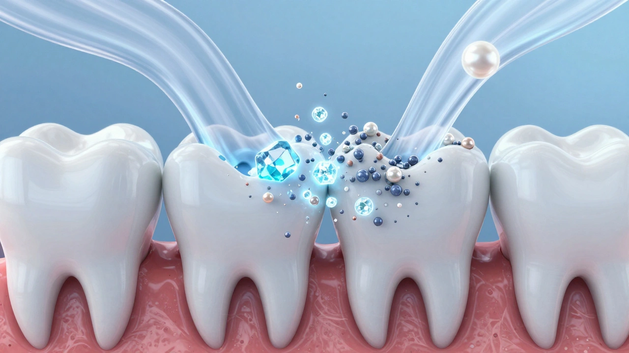 Křížový řez zubu, kde minerální krystaly opravují poškozené sklo pod vlivem slin.