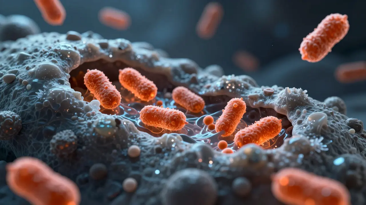 Mikroskopický pohled na bakterie a mineralizaci plaku do kamene