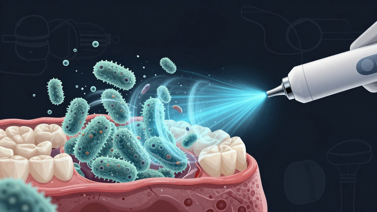 Mikroskopický pohled na rozpad bakteriálního plaku díky ultrazvukovým vlnám.