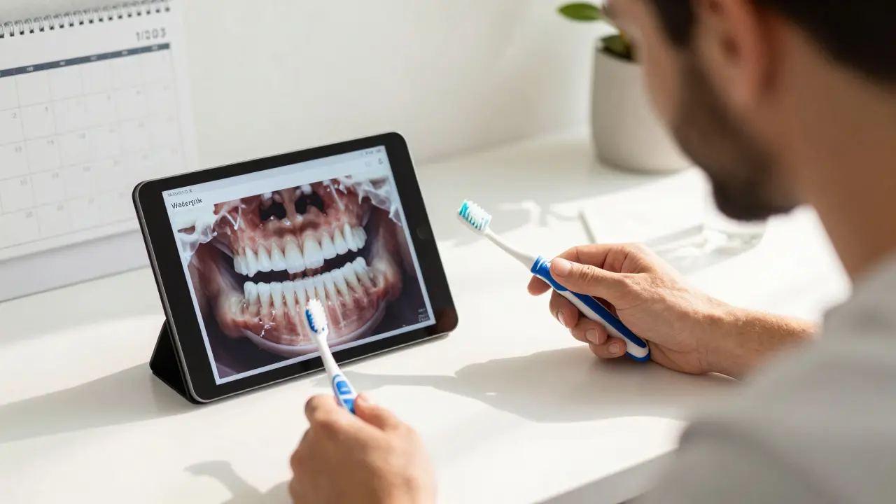 Muž používá vodní fúzku a mezizubní kartáčky při pohledu na digitální snímek zdravých zubů.