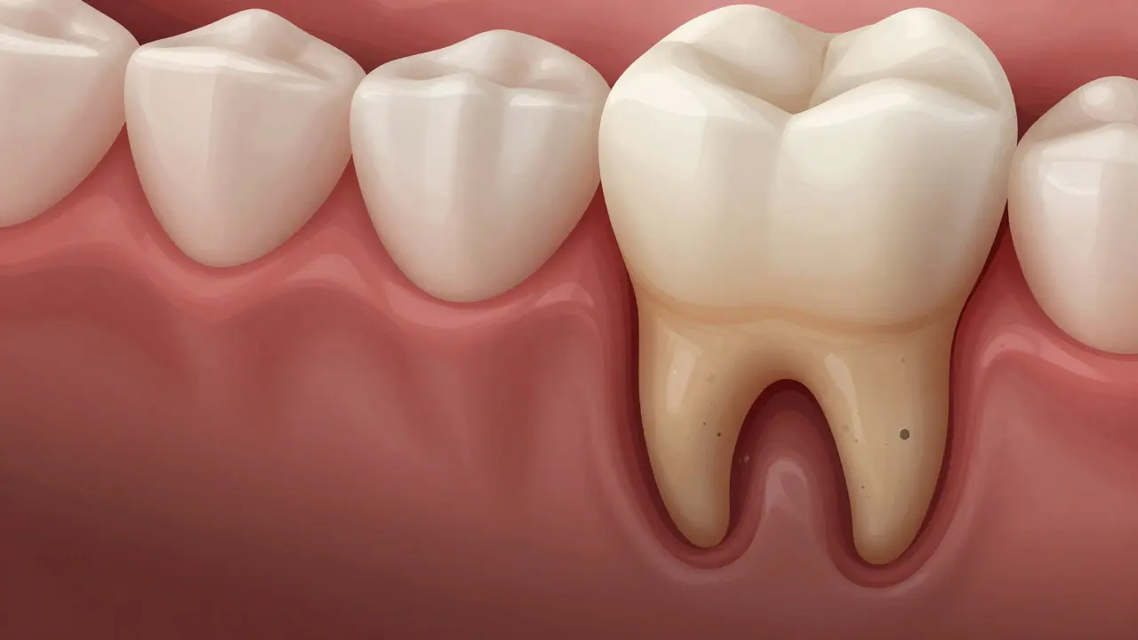 Odlučující se dásně s poddásňovým kamenem, tmavý nános pod dásní.