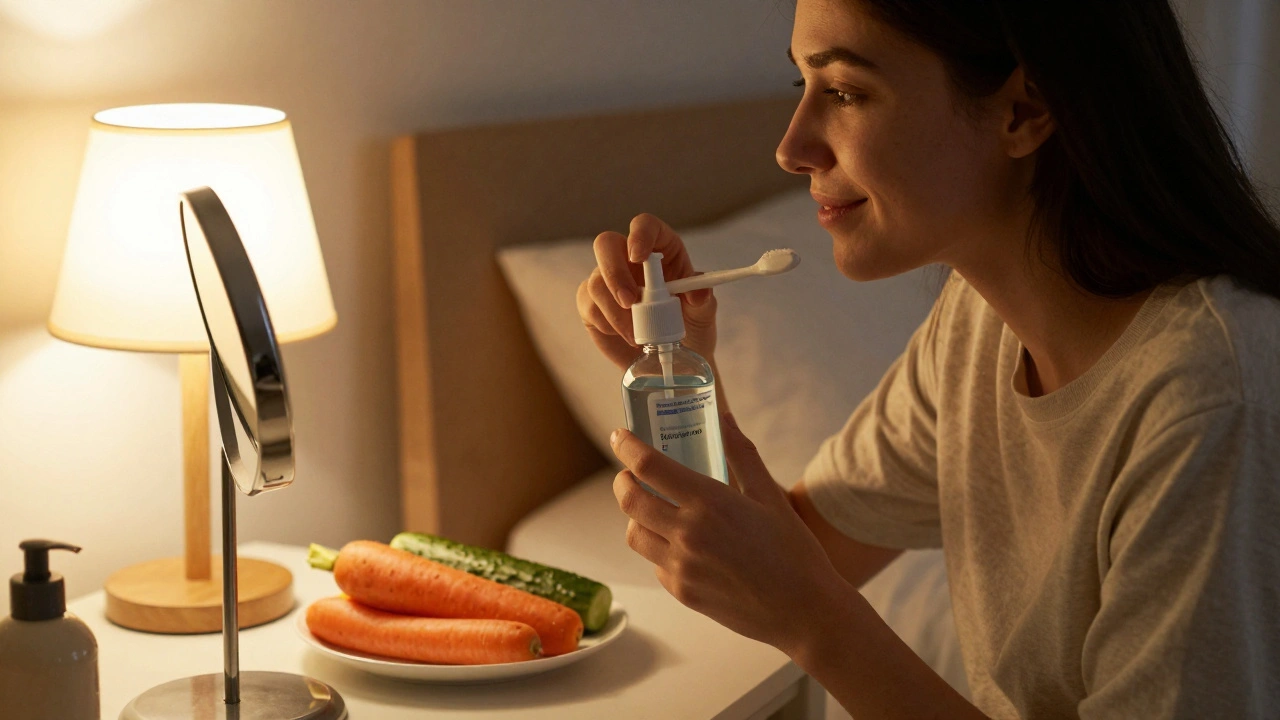 Osoba po čištění zubů se usmívá do zrcadla, vedle ní syrová zelenina, večerní osvětlení.