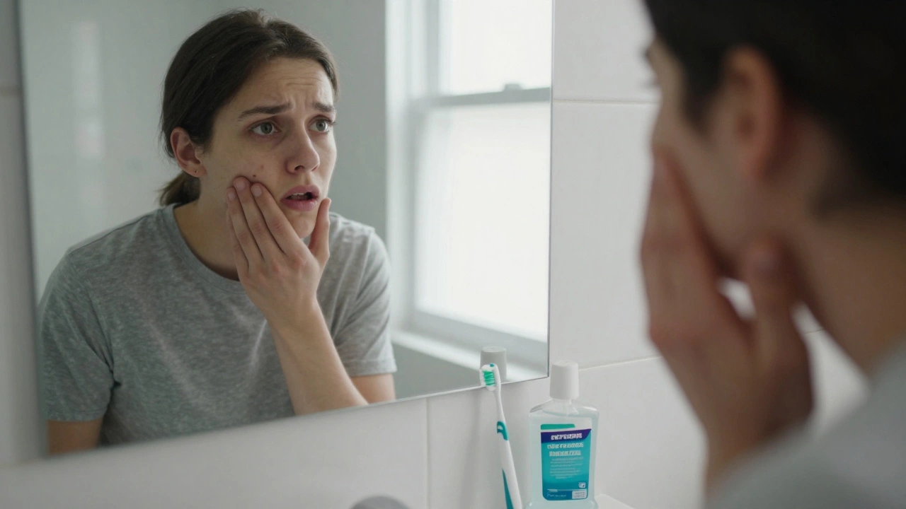 Osoba se dívá do zrcadla a dotýká se zubu s kazem, na pozadí zubní pasta a ústní voda.