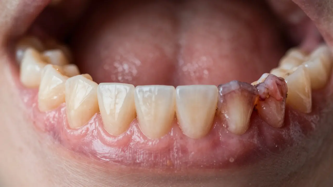 Porovnání zdravé a nemocné dásně: čisté zuby vs. zubní kámen a zánět.