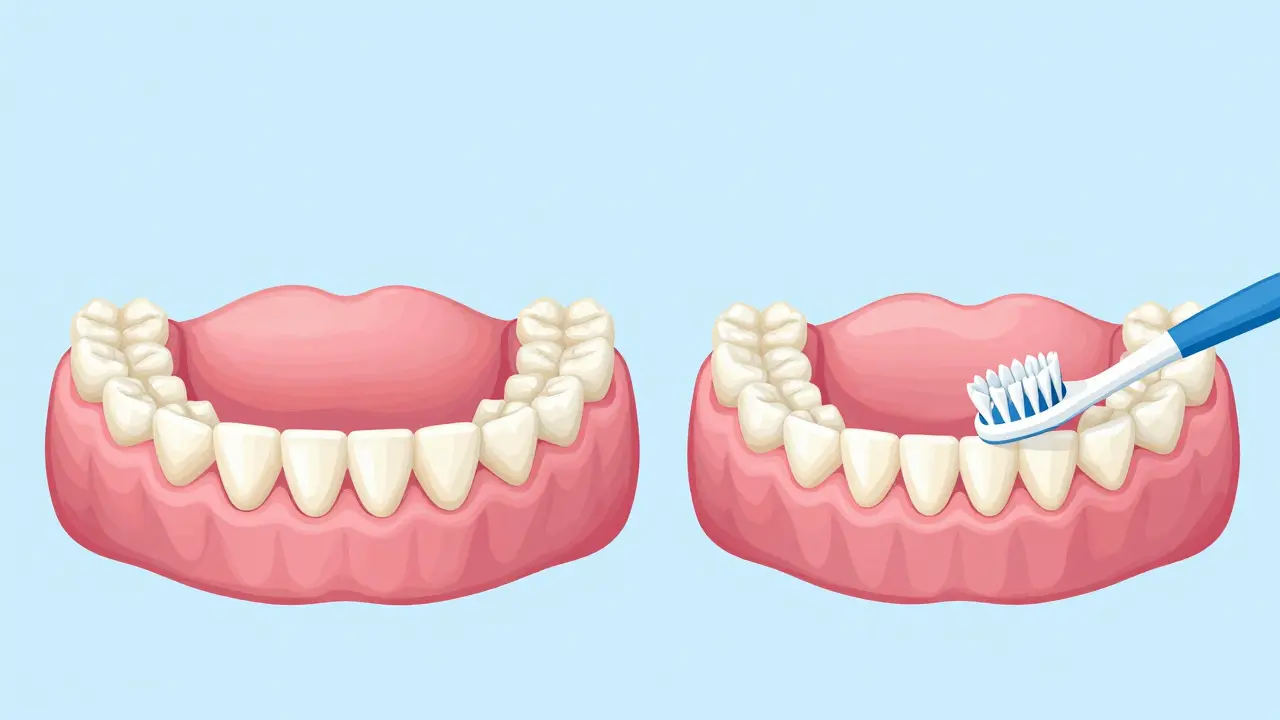 Porovnání zubního kamene a čistých mezizubních prostor