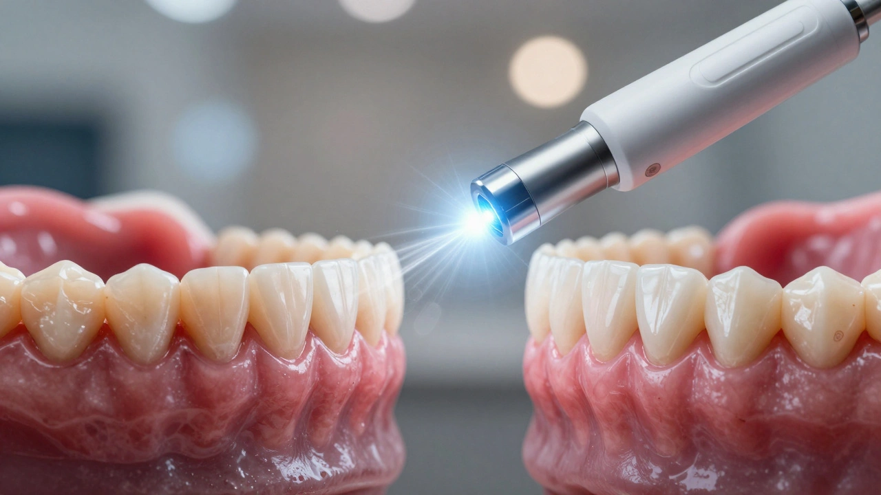 Porovnání zubů před a po použití ultrazvukového čističe s zdravými dásněmi.