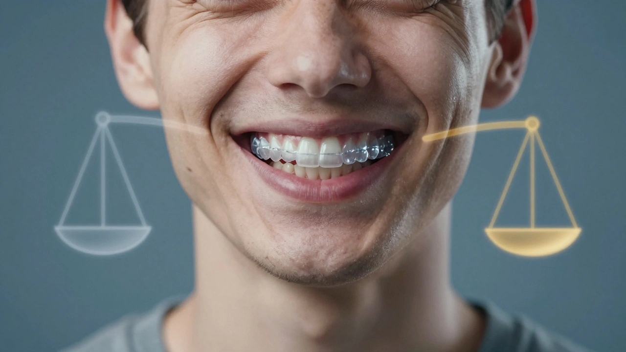 Přechod špatného úsměvu na dokonalý s retentorem a symboly nákladů.