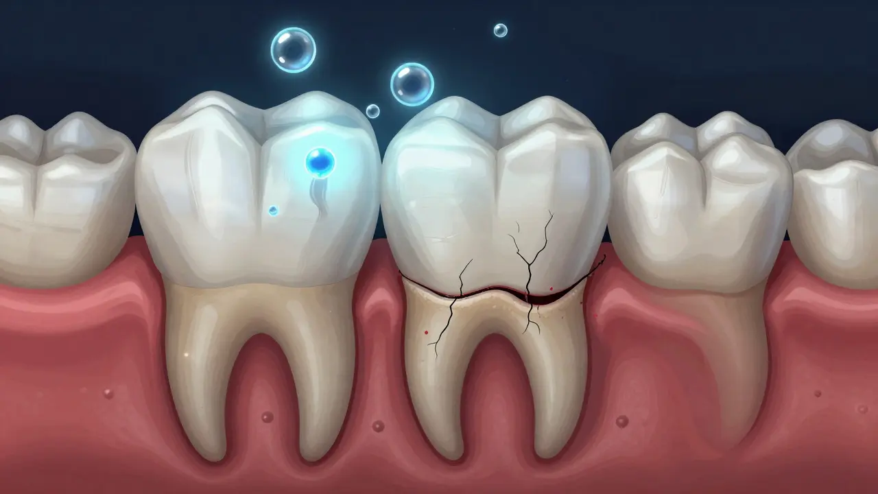Příčný řez zubem s mikroskopickými kanálky proniknutými kyslíkem a skrytým kazy pod plombou.