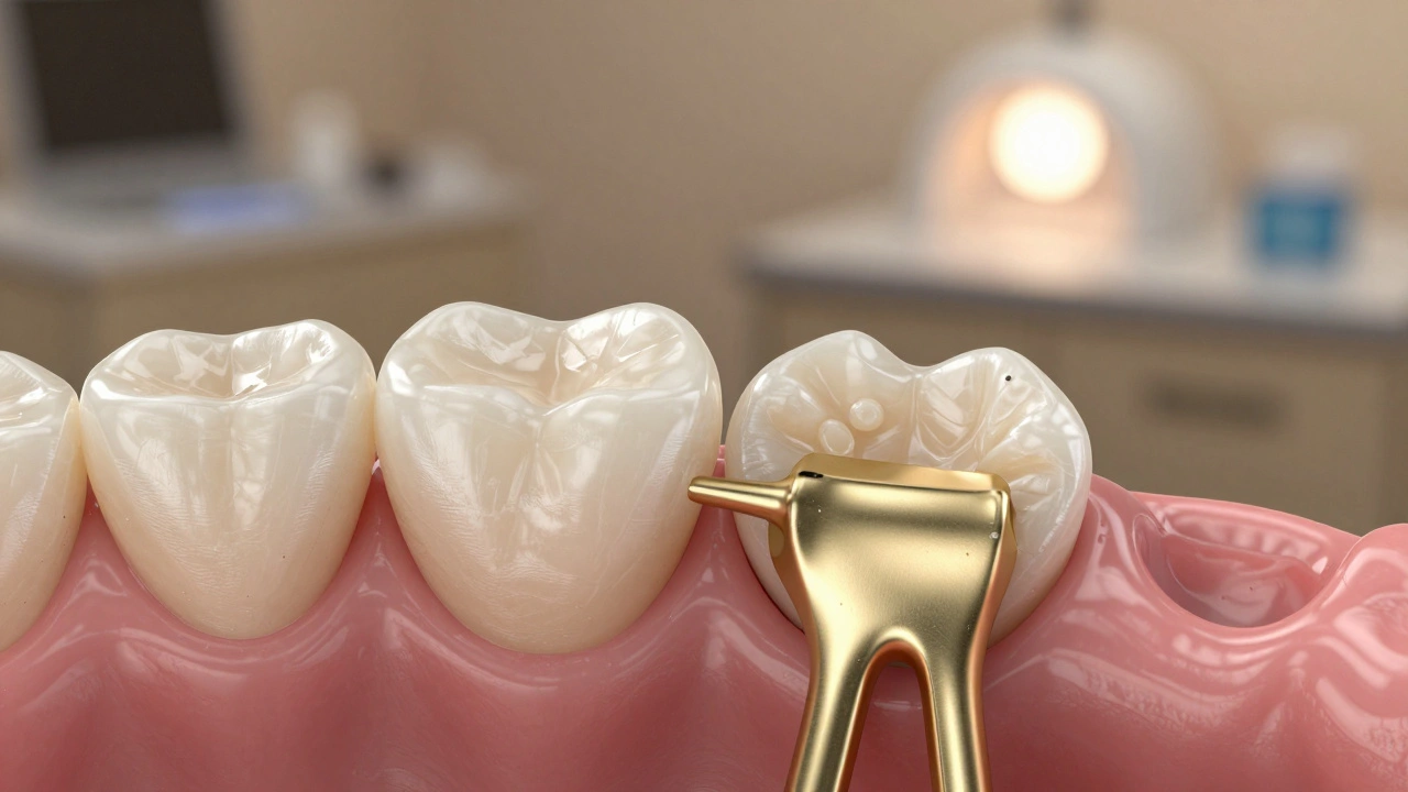 Příčný řez zubním můstkem s odstraněnou sklovinou, korunkami a cementem mezi zuby.