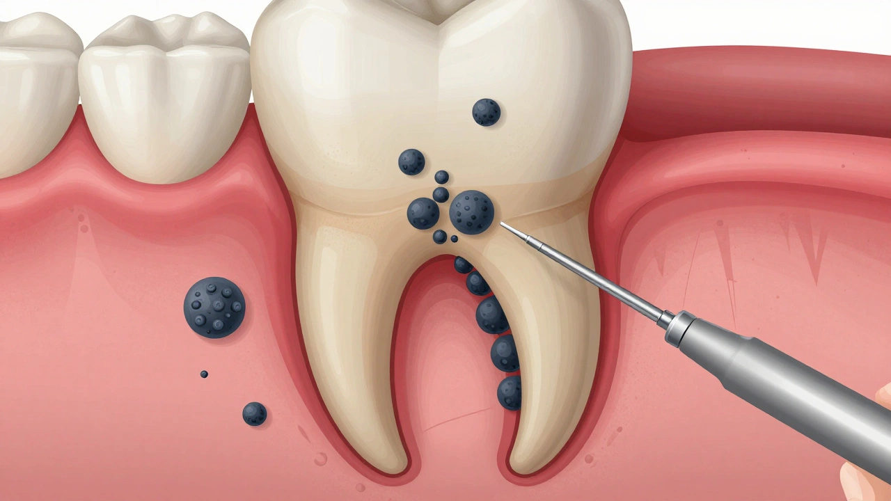 Příčný řez zubu s černým kamenem a bakteriemi pod dásní.