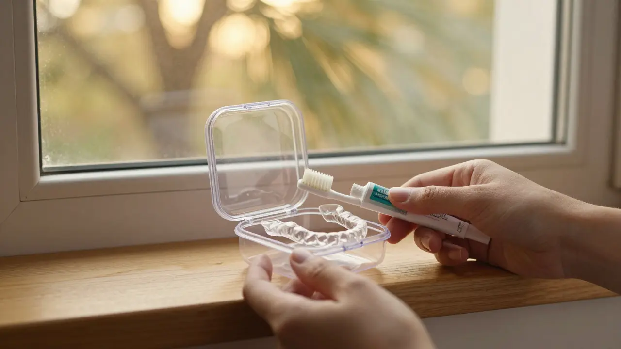 Průhledný retainer a kartáček na zuby na okně, září zlatý světlo, symbolizující trpělivost a sebevědomí.