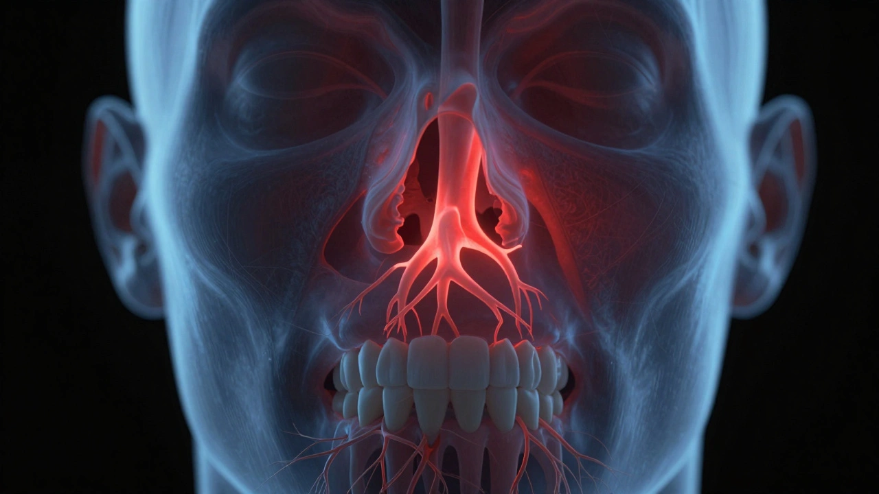 Průřez hlavy ukazující infekci zubních kořenů šířící se do nosních dutin.