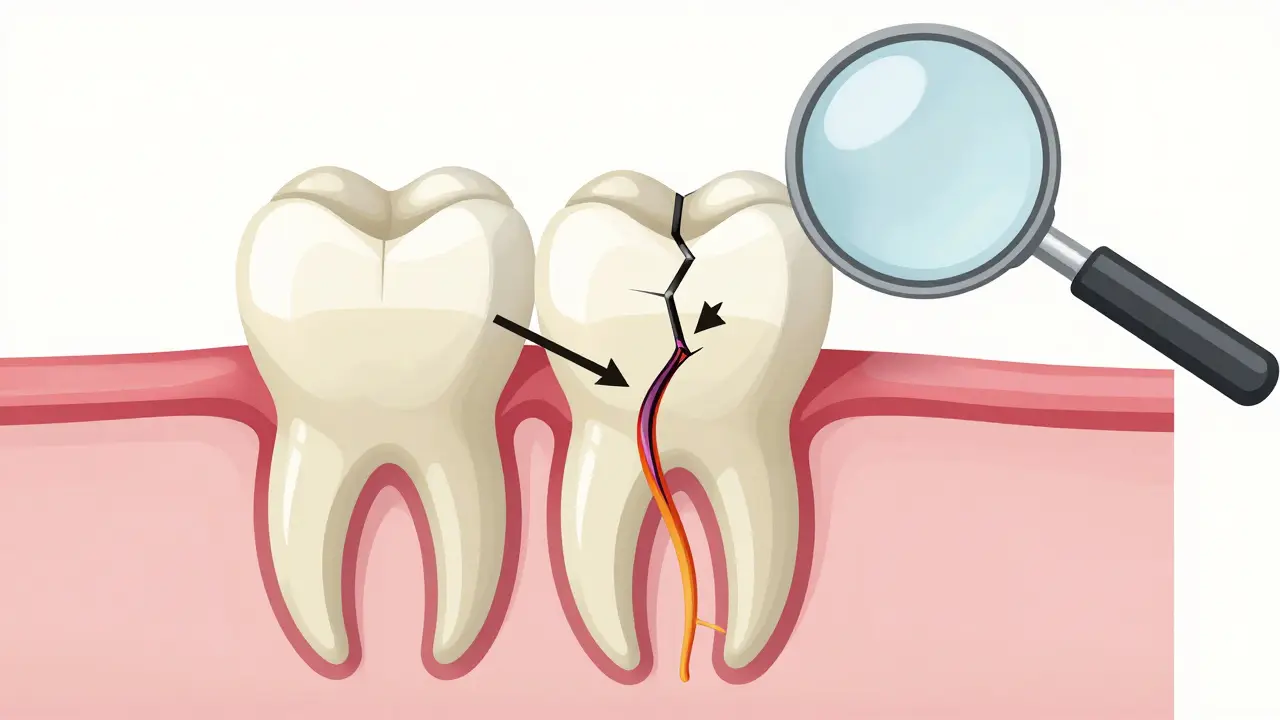 Průřez zubu ukazující trhlinu v sklovině, která sahá až k dentinu a nervu.