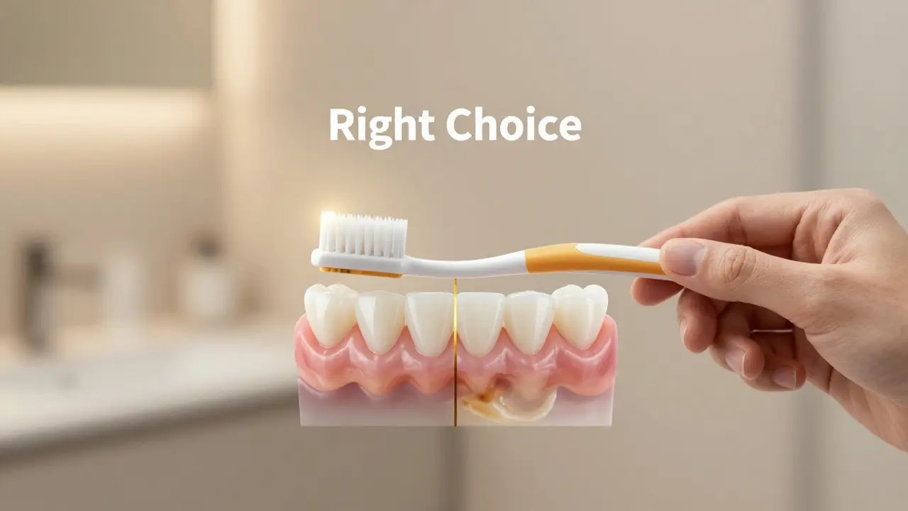 Ruka drží mezizubní kartáček s přehledem zdravých dásní a plaku, symbolizující správnou volbu.