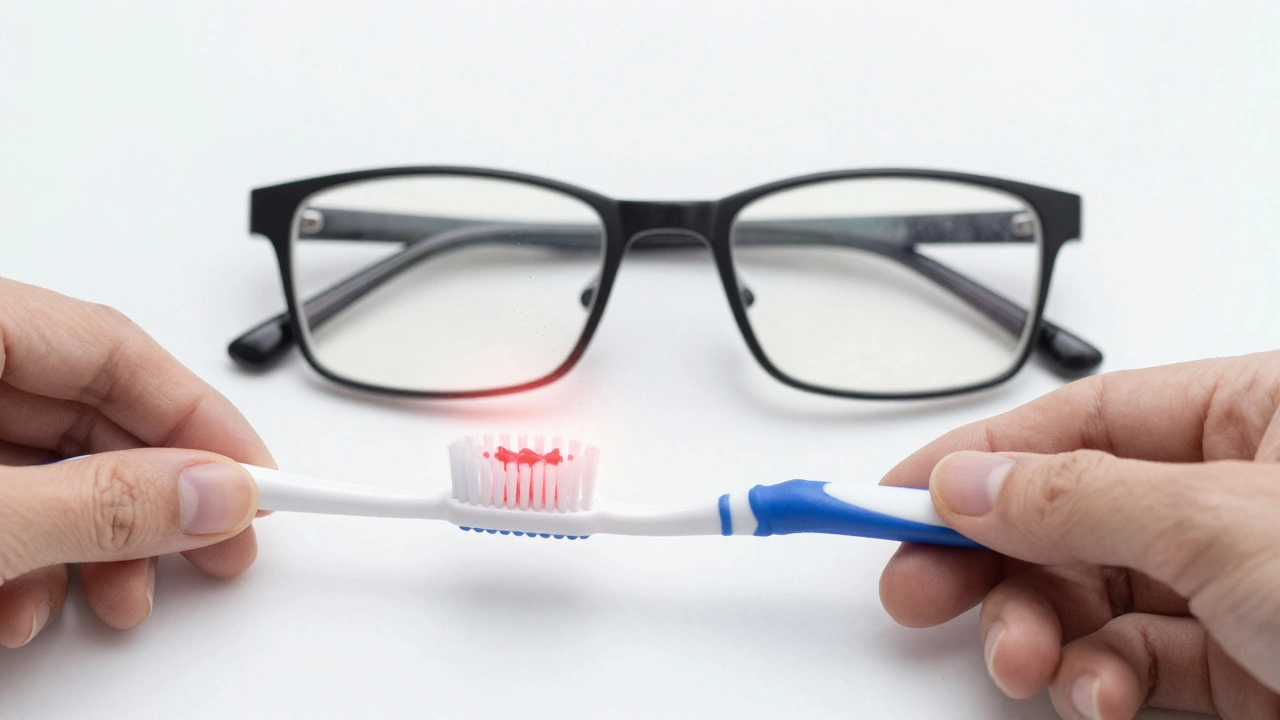 Ruka drží zubní kartáček a brýle spojené světelnou čarou, symbolizující souvislost ústní hygieny a zdraví zraku.