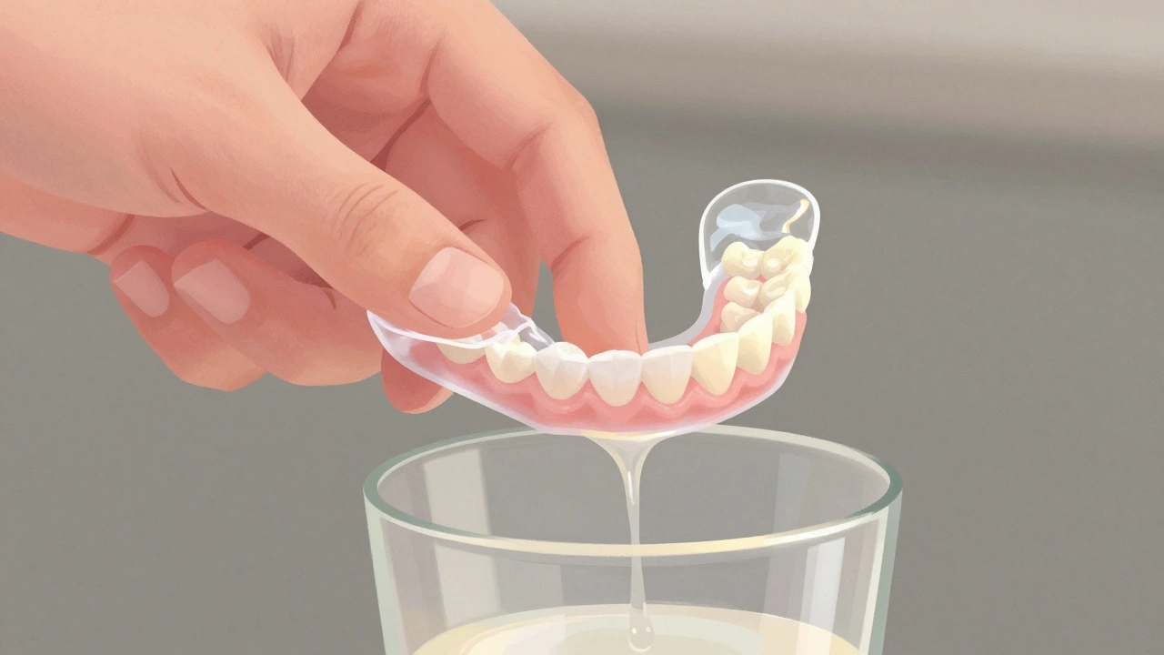 Ruka pomalu odstraňuje zubní protézu z dásní jemným pohybem.