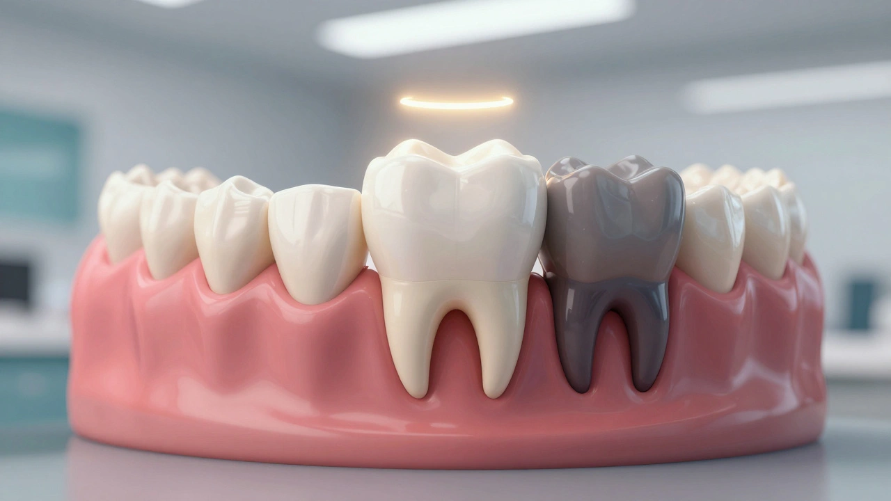 Smích s napraveným zubním můstkem, kde zdravý zub svítí a poškozený zub zaniká ve stínu.