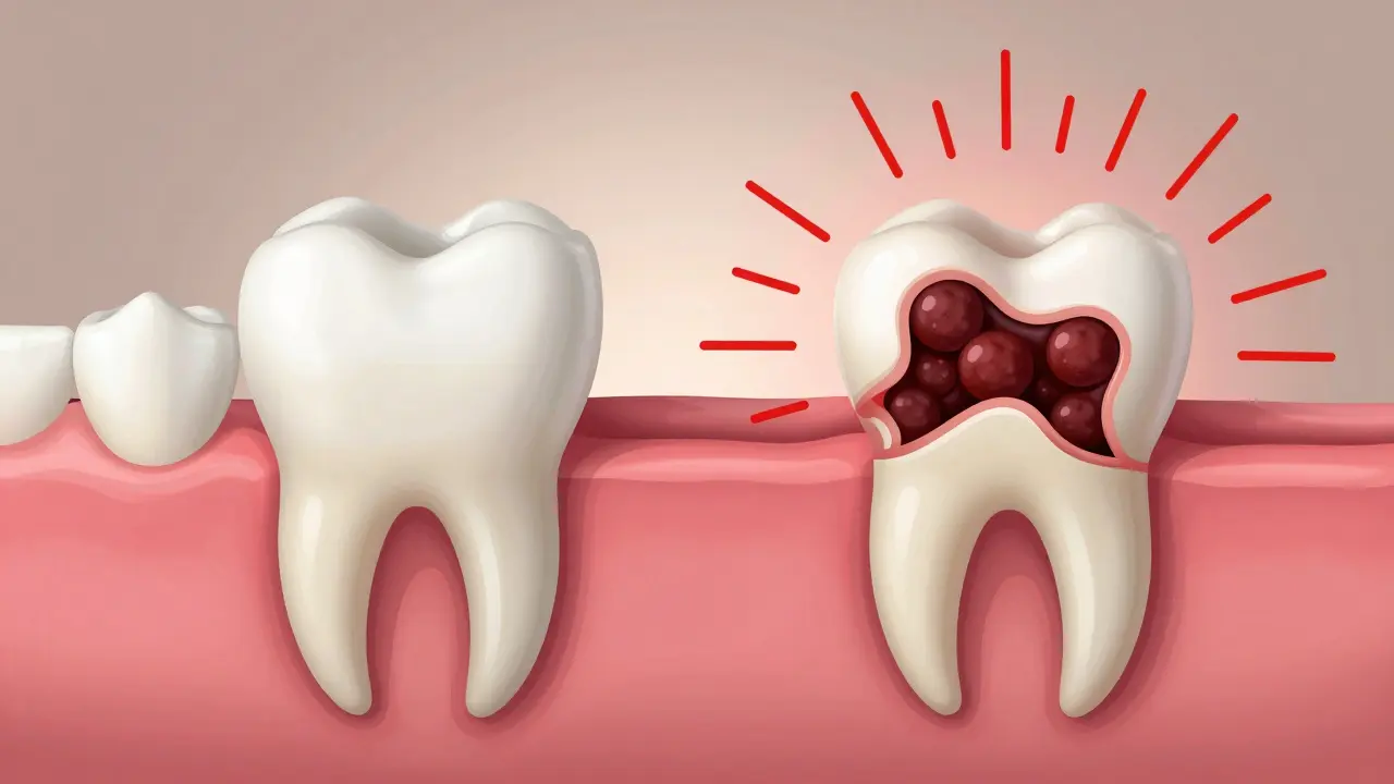 Srovnání zdravého a poškozeného zubního podpůrného systému.