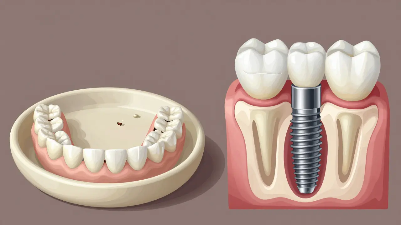 Srovnání zubní protézy a implantátu v detailní ilustraci kosti a zubu.
